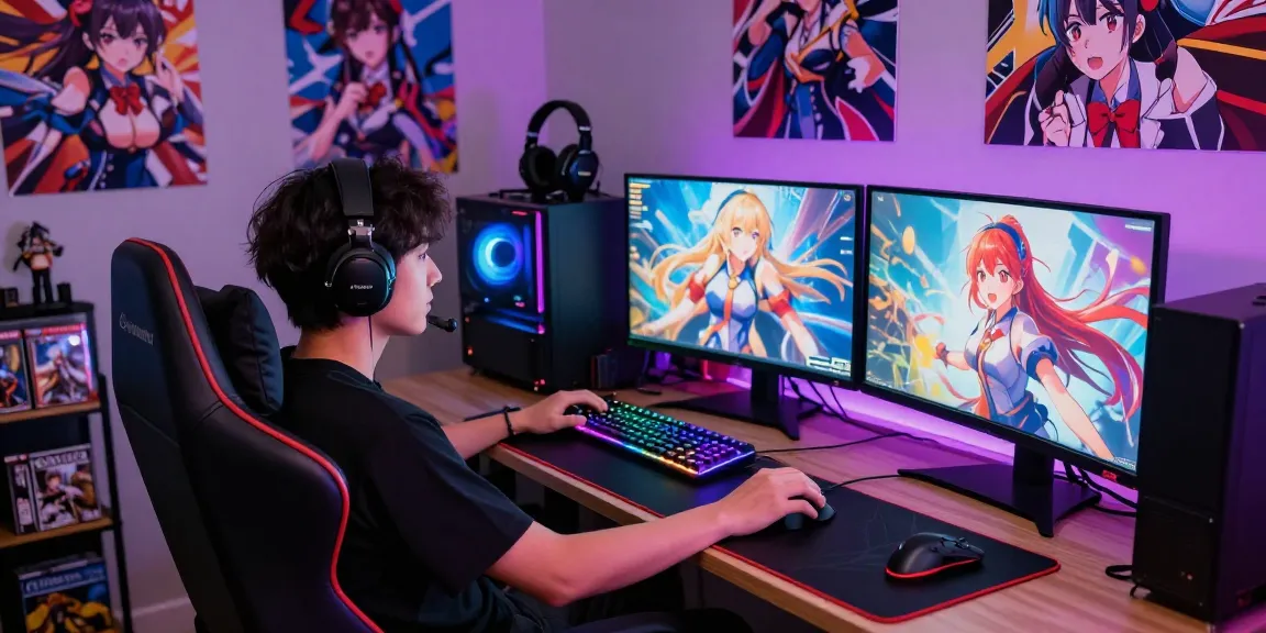 Player enjoying a vibrant hentai game at a modern gaming setup, showcasing gaming peripherals and anime graphics.