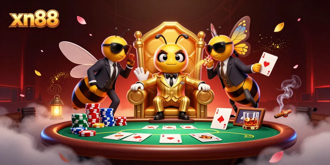 Engage in xn88 poker action with a dynamic scene of a mob boss, wasp bodyguards, and a butterfly in a vibrant casino setting.
