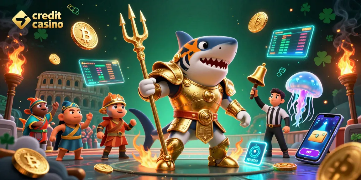 Experience the thrill of a credit card casino with a vibrant underwater scene featuring a gladiator shark.