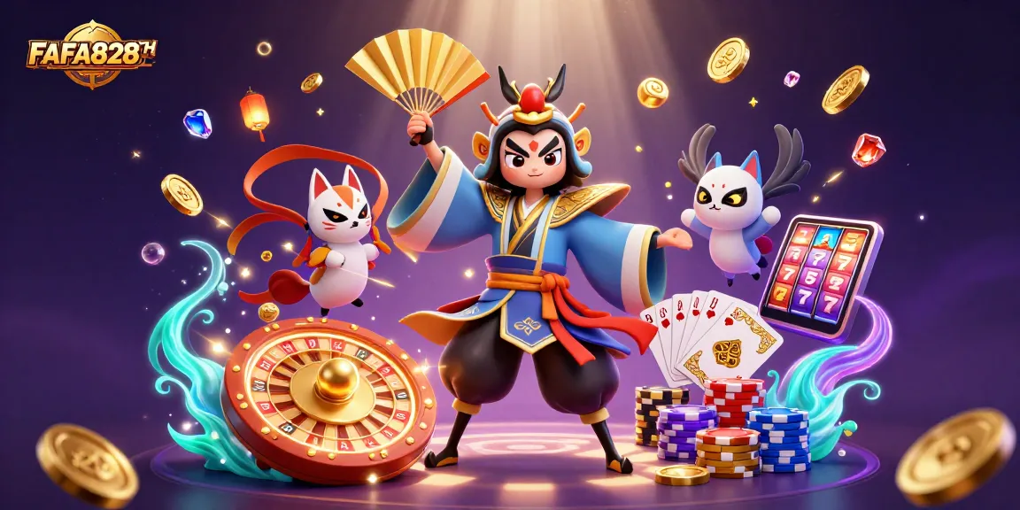 Experience FAFA828TH at its finest with vibrant gambling-themed 3D art showcasing kabuki and lucky charms.