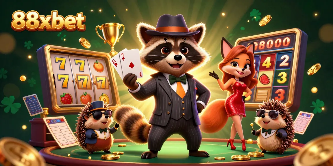 Experience thrilling wins with 88xbet at the vibrant slot machine scene featuring a raccoon, fox, and hedgehog.