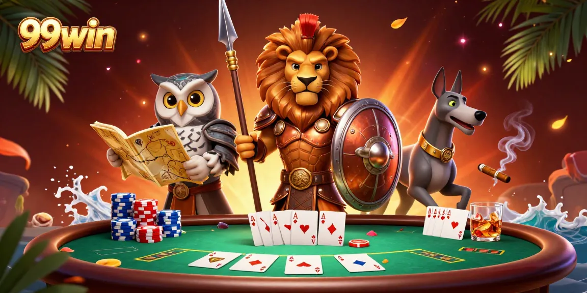 Experience the thrill of 99win poker with this dynamic 3D illustration of a heroic lion and strategic owl.