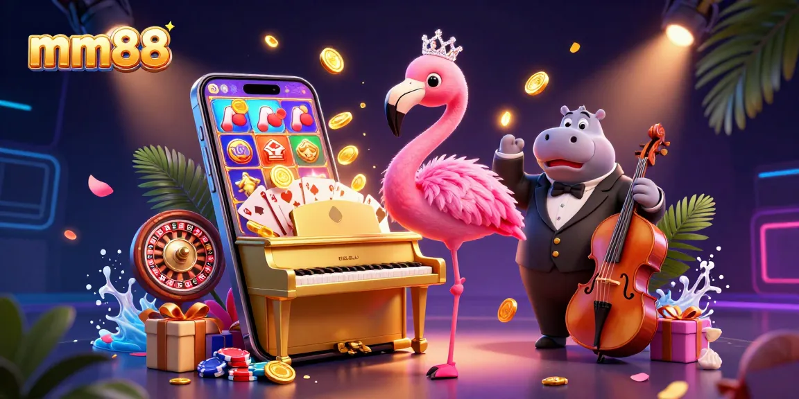 Experience vibrant mm88 casino world with a lively flamingo, hippo bassist, and interactive games.