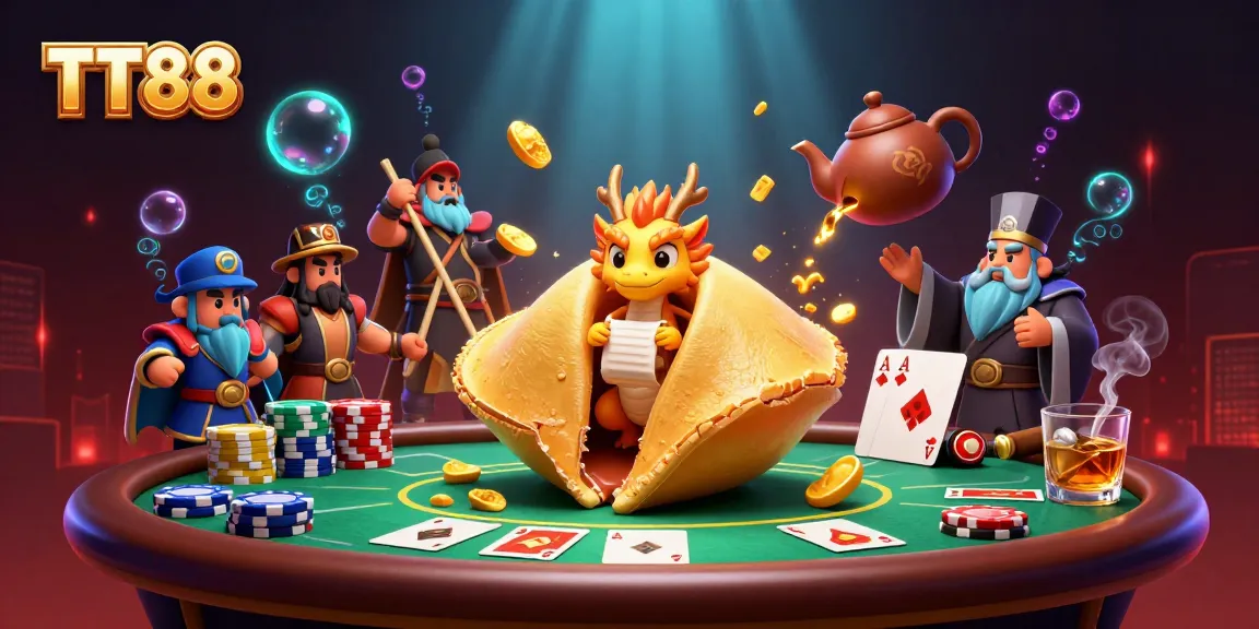 Experience thrilling gameplay at TT88, featuring a dynamic casino scene with poker tables, chips, and a wise dragon.
