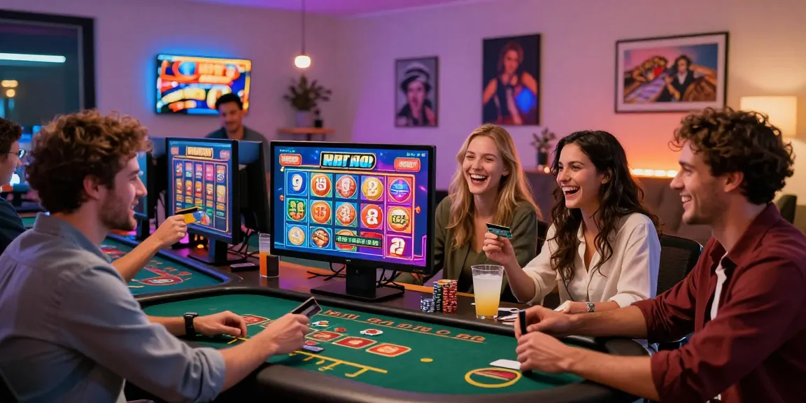 Friends enjoying credit card casino sites with vibrant games and snacks in a lively home gaming room.