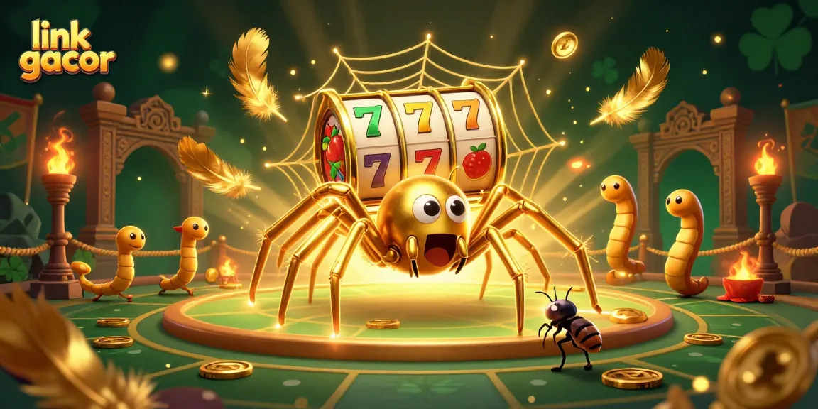 Experience the thrill at link gacor as a golden spider spins a dynamic slot reel with winning symbols.