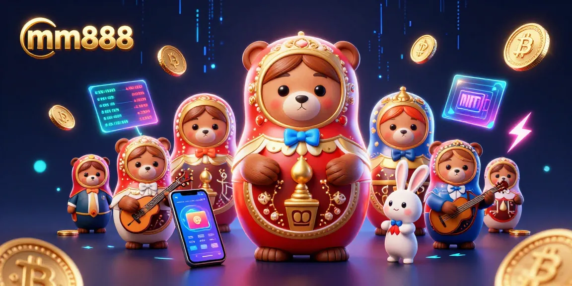 The mm888 casino scene showcases cute Matryoshka bears and a rabbit playing music, surrounded by vibrant cryptocurrency elements.