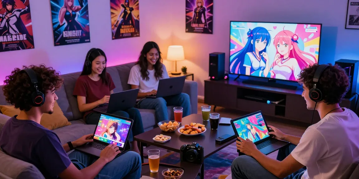 Friends enjoying hentai games online in a lively living room setup with multiple devices.