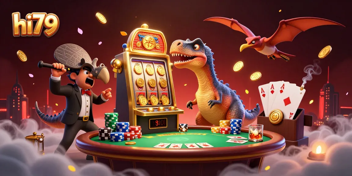 hi79 transforms gaming as a pachycephalosaurus wins a jackpot on a golden slot machine.