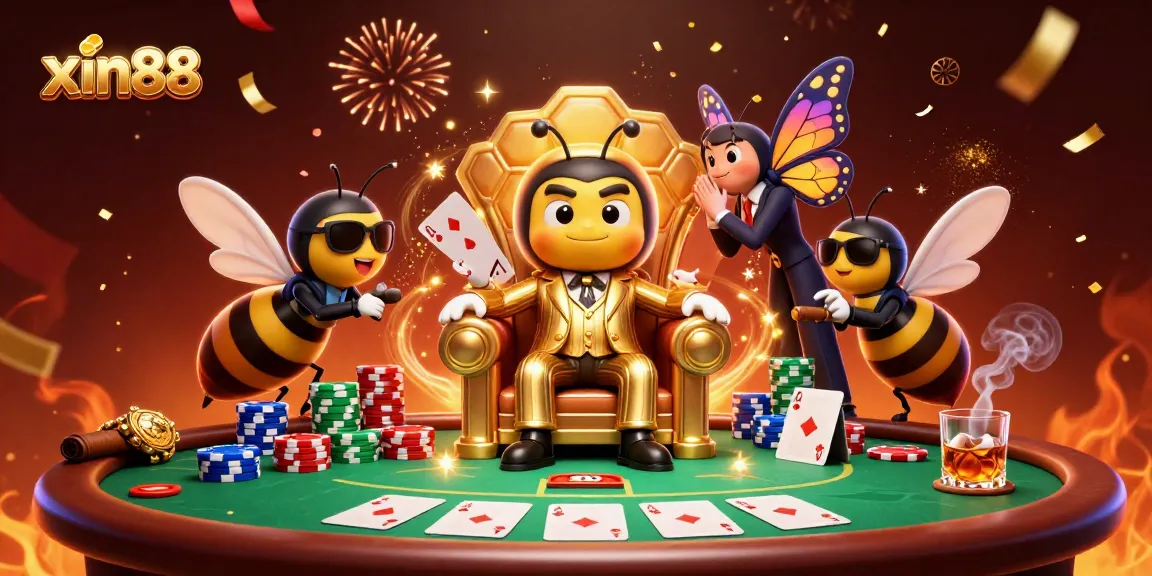 xin88 showcases a vibrant 3D illustration of a casino scene with a cartoon bumblebee mob boss and poker elements, emphasizing high-stakes action