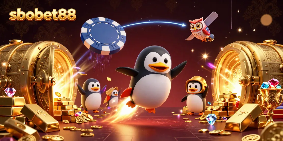 Experience sbobet88 with fun, exciting bets on a cosmic journey featuring a golden penguin and treasures.