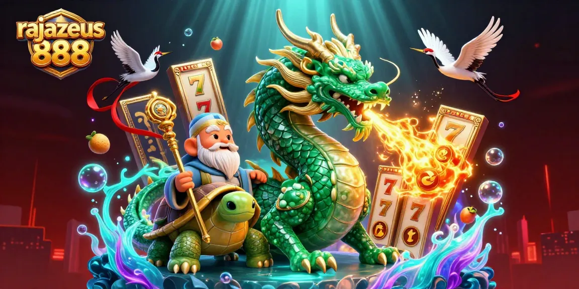 Spin the reels with rajazeus 888, where vibrant slot symbols and mythical creatures meet in a lavish casino scene.
