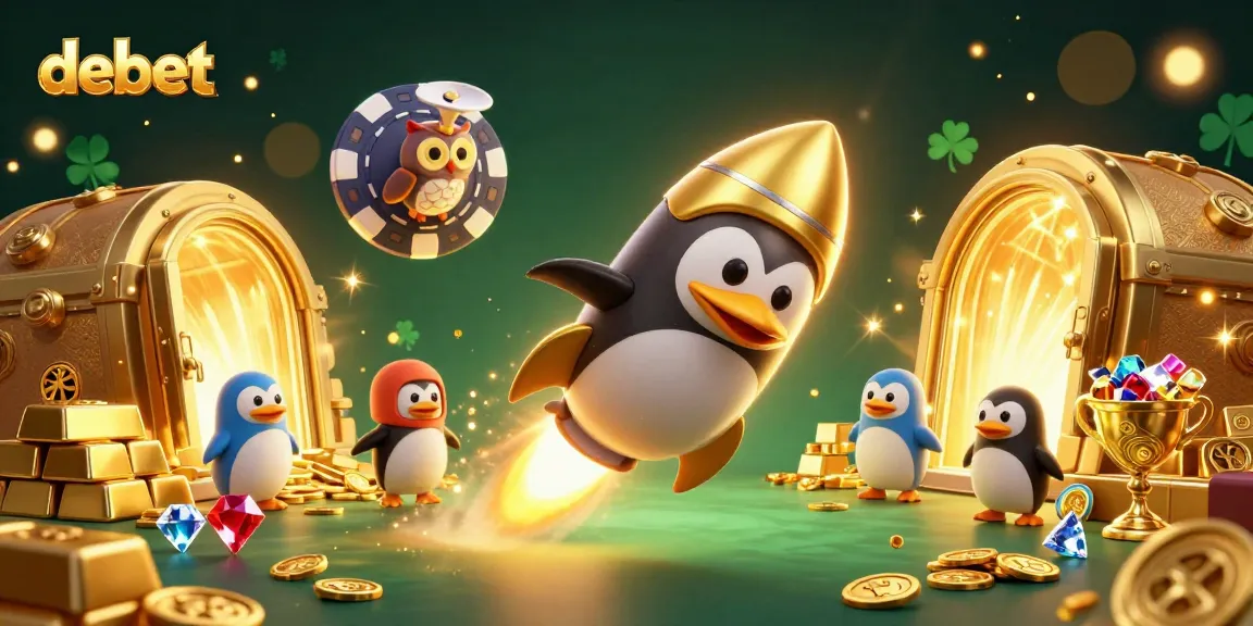 Engage with debet’s dynamic casino adventure featuring golden treasures and a rocket-powered penguin.