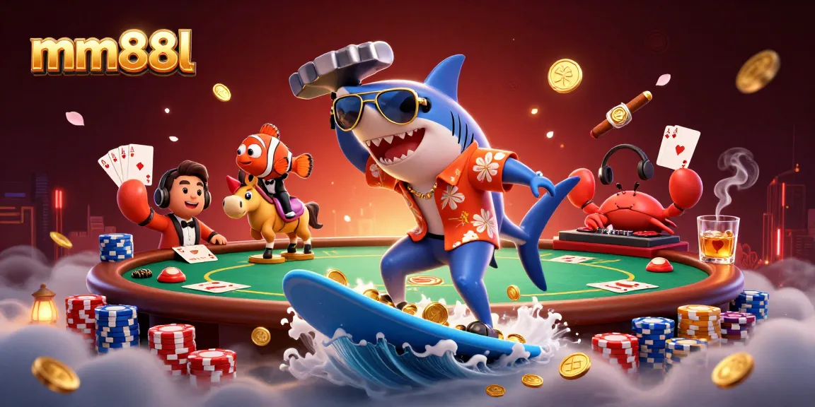 Win big with mm88l in a vibrant casino scene featuring exciting elements like gold coins, poker chips, and animated characters.