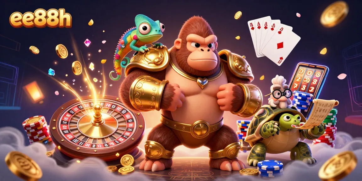 Engage with the vibrant world of ee88h through a colorful 3D casino illustration featuring characters amidst coins and games.