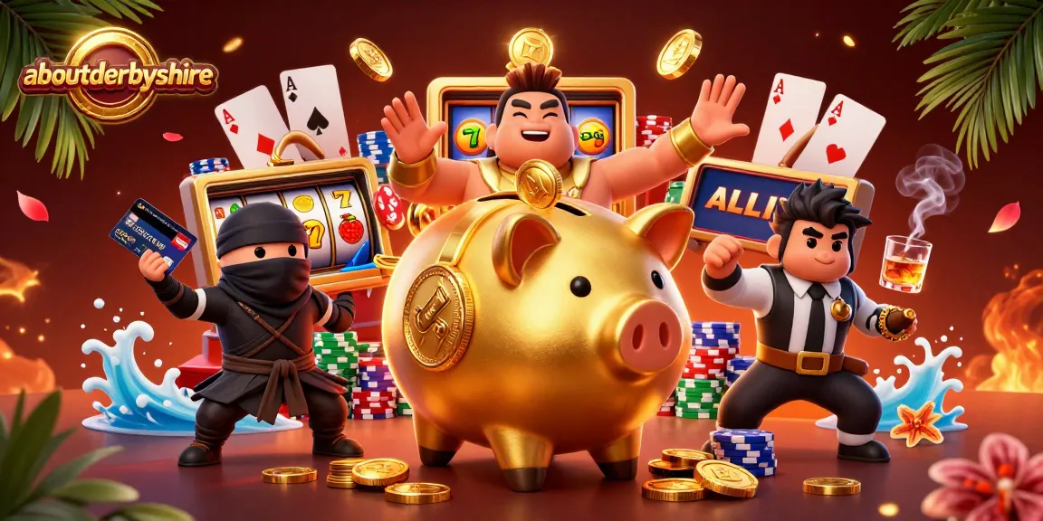 Engage in exciting gameplay with aboutderbyshire’s vibrant 3D casino illustration featuring a golden piggy bank wrestler.