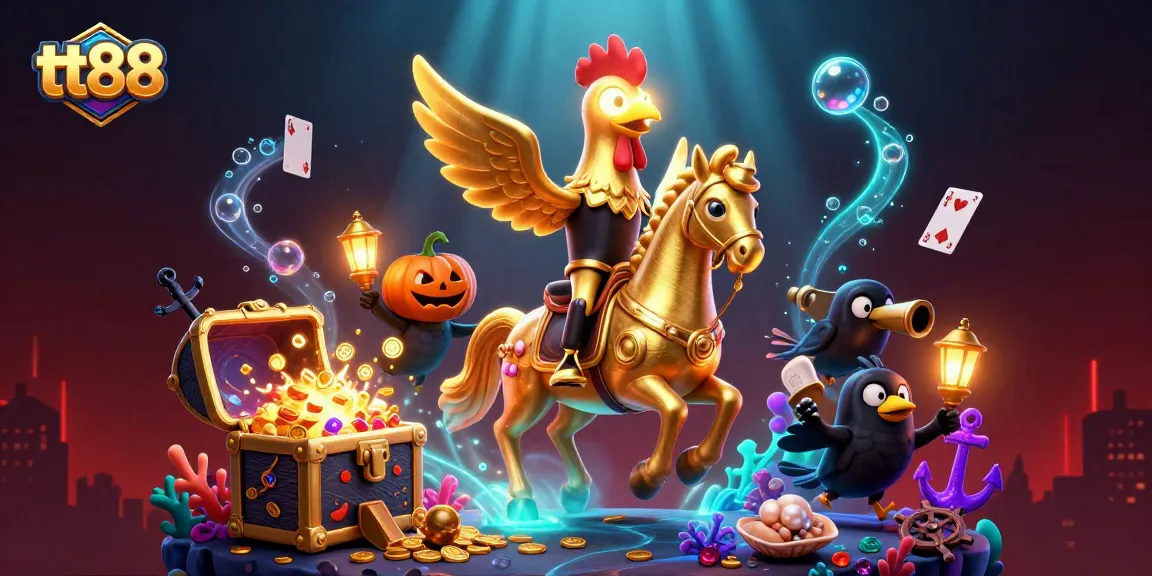 Play and win at tt88 with this vibrant casino scene featuring a golden rooster and treasure!