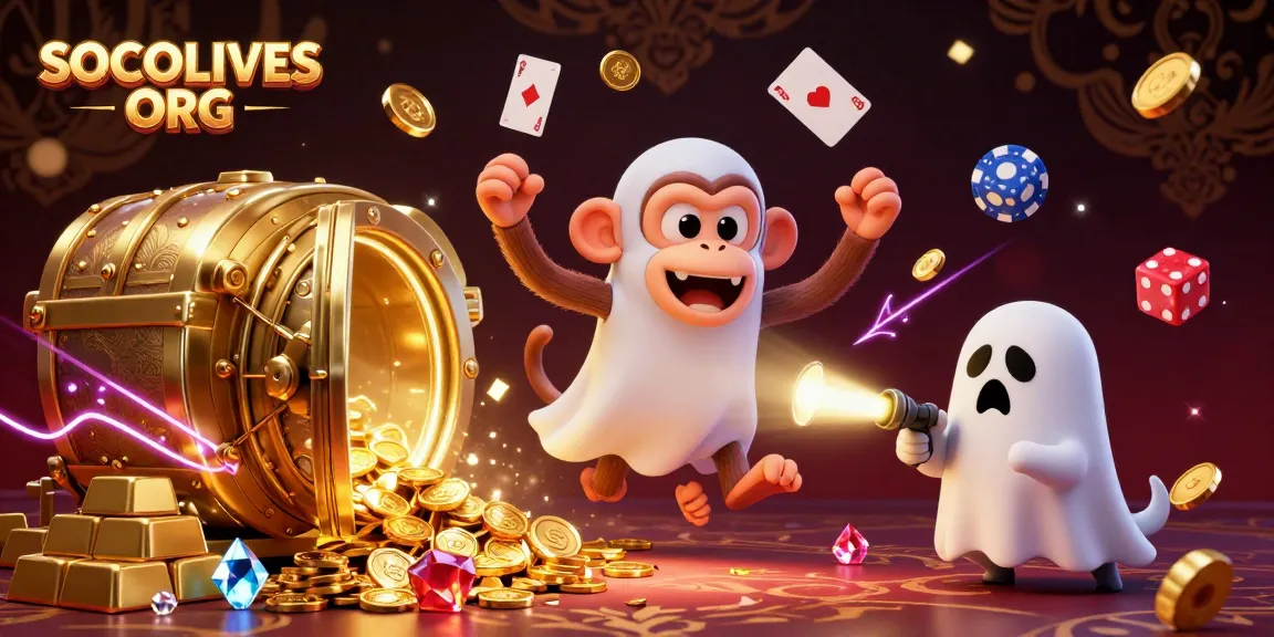 SOCOLIVES ORG showcases an ultra-detailed 3D rendering of playful elements from the haunted casino with golden treasures.