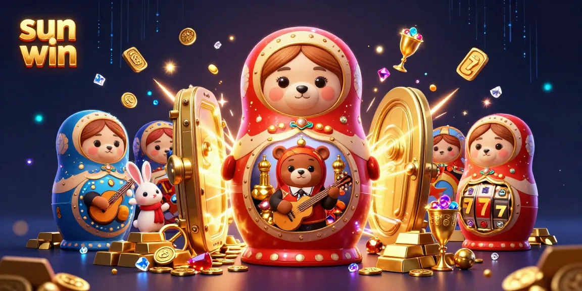 Experience thrilling wins at Sun Win with vibrant 3D illustration featuring a Matryoshka bear and casino elements.