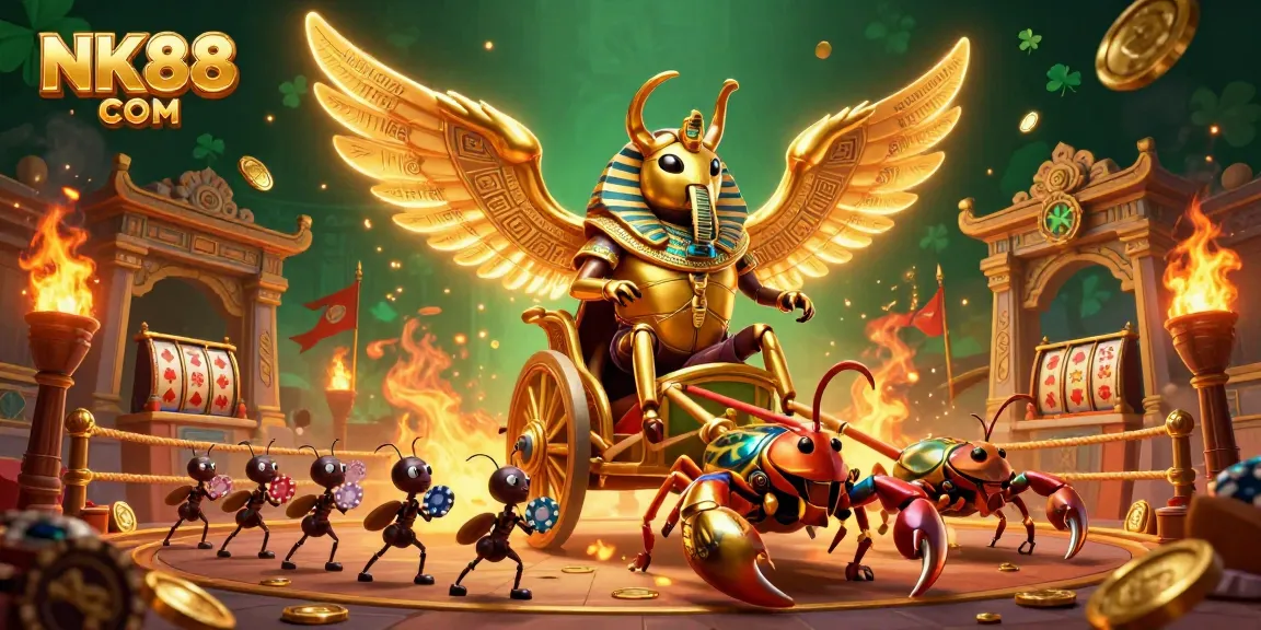Engage with thrilling games at NK88 COM featuring a colossal golden scarab beetle and rich gambling elements.