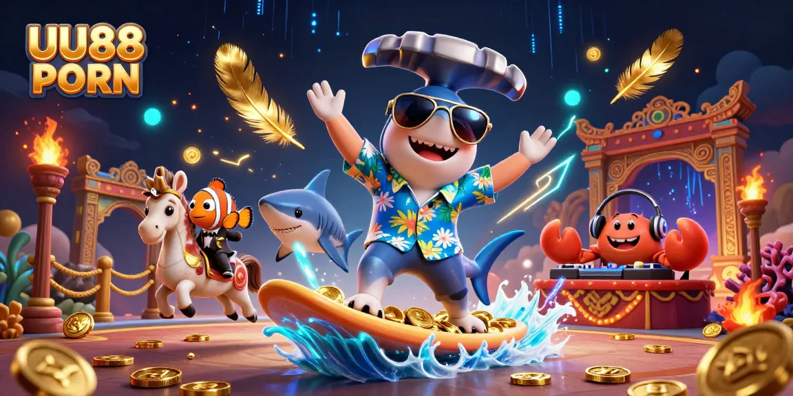Experience UU88 PORN's vibrant underwater casino with a shark and DJ crab amidst coins and mystical ambiance.