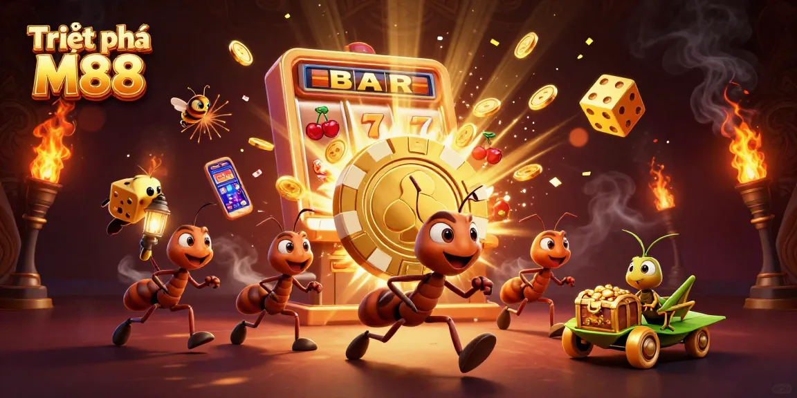 Triệt phá M88 action scene with ants heisting a poker chip, surrounded by dynamic casino elements.