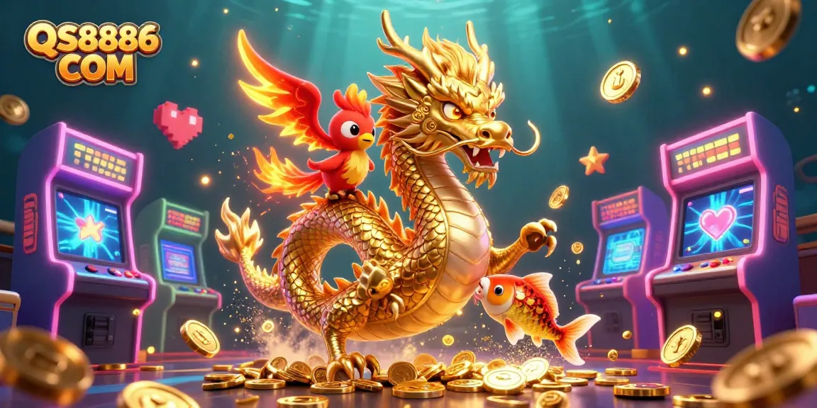 Engage with thrilling adventures at QS8886 COM, featuring a golden dragon leading a phoenix and koi fish in a gaming scene.