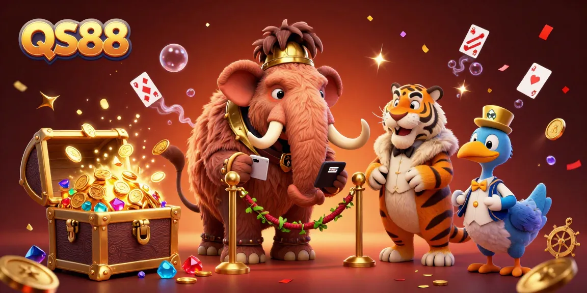 Experience the excitement of QS88 with a vibrant casino scene featuring a woolly mammoth bouncer and dynamic game elements.