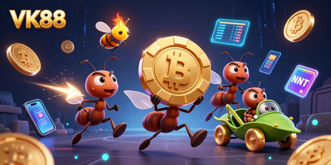 Ants heist with golden poker chip and crypto elements at VK88 casino