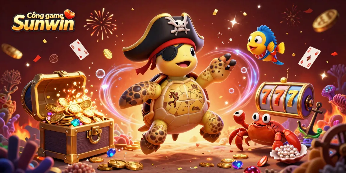 Cổng game Sunwin showcases a vibrant 3D scene featuring a playful pirate turtle and treasure, emphasizing fun gaming adventures.