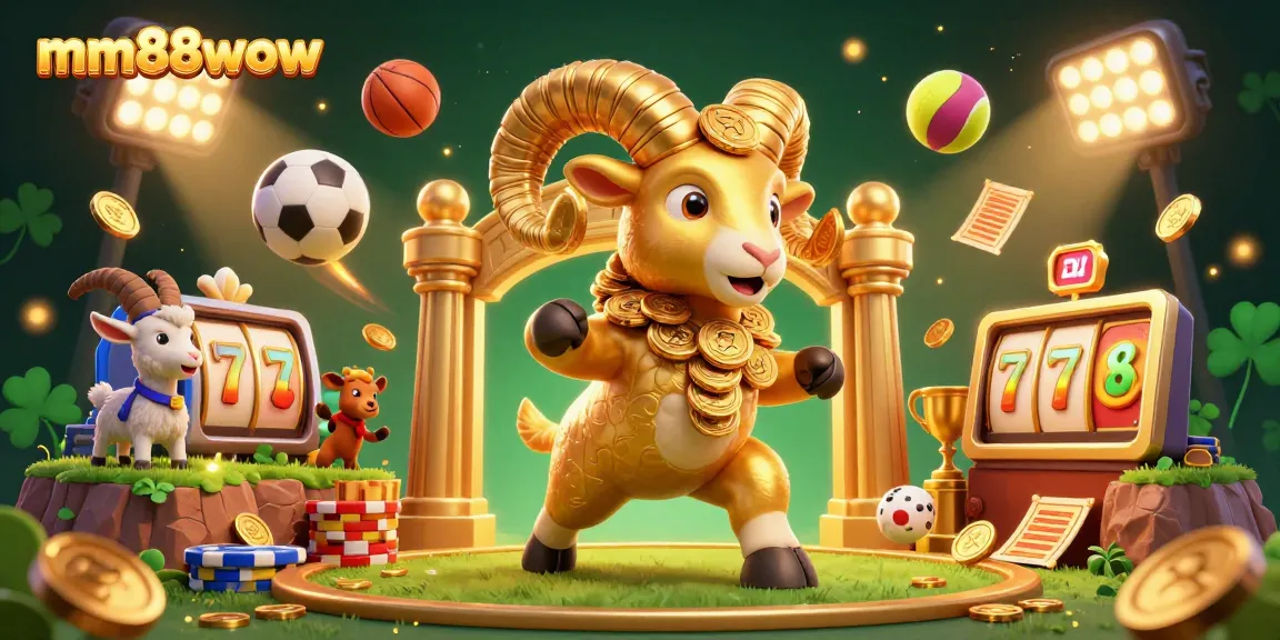 Experience thrilling gameplay at mm88wow with a powerful golden ram charging through a lively casino, showcasing dynamic elements.