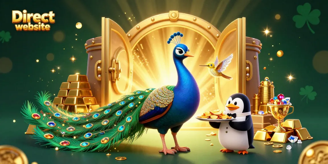 Spin and win at the Direct website with engaging gambling activities, featuring a dazzling peacock and riches.