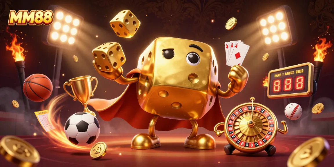 Engage with MM88's thrilling games featuring a golden dice golem and dynamic sports elements.
