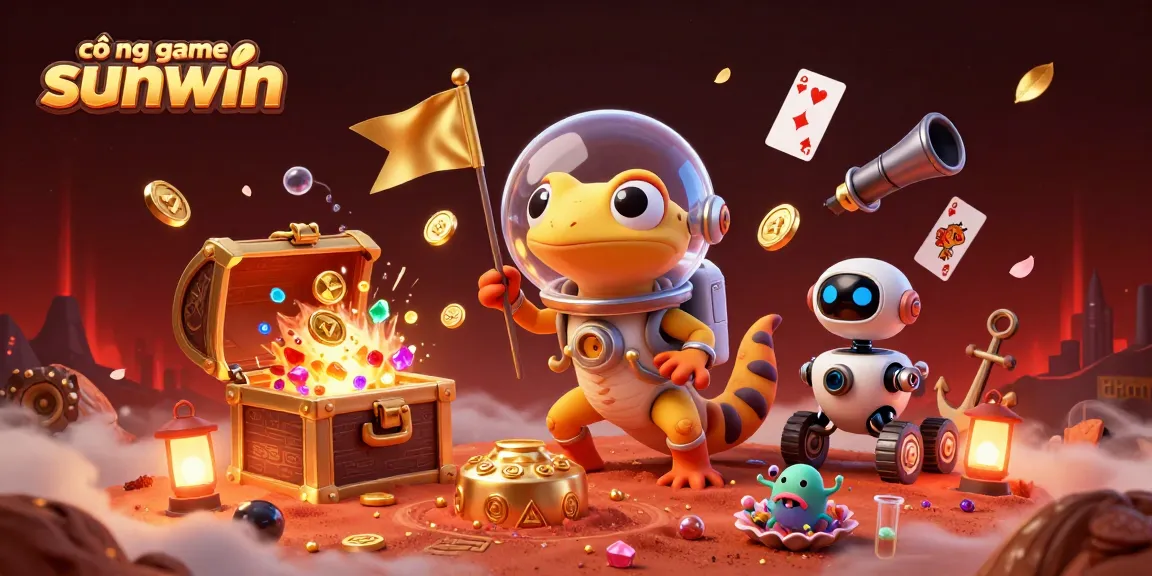 A dynamic scene of a Martian gecko exploring the cổng game sunwin casino, surrounded by treasures and gaming elements.