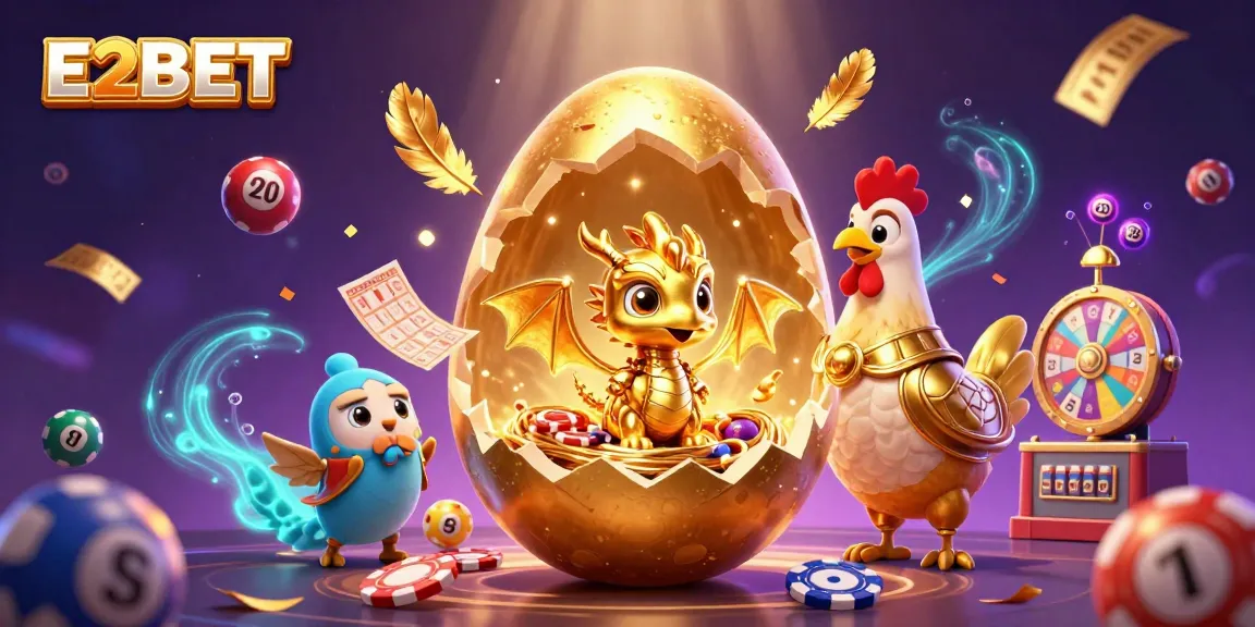E2BET showcases a golden dragon guarding poker chips amidst a vibrant casino scene.
